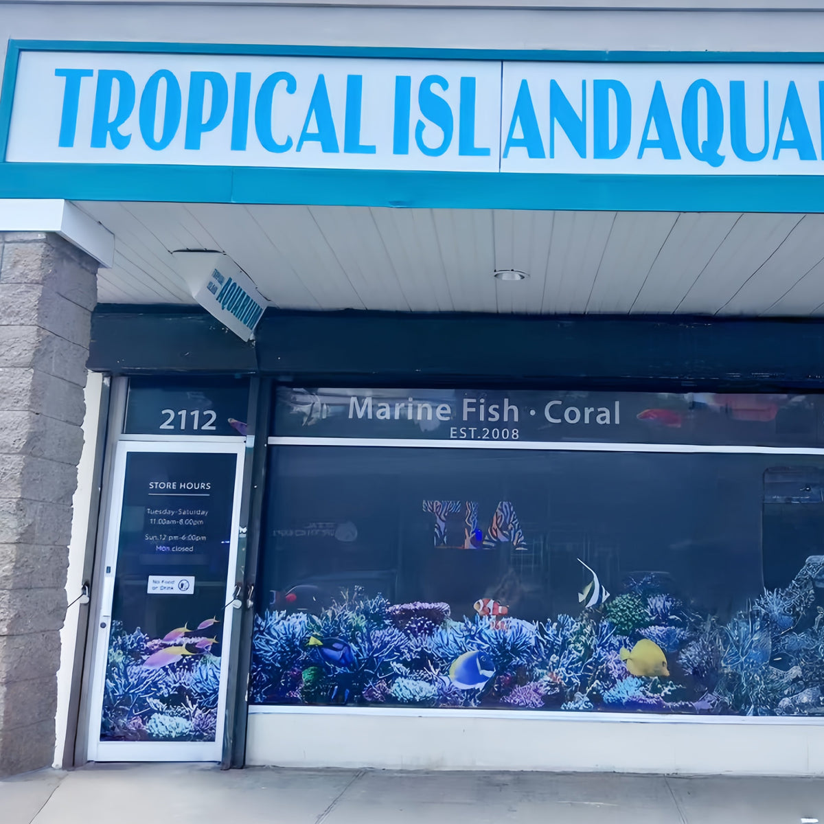 Storefront of Tropical Island Aquarium, home of TIA Collection Corals, 2112 Deer Park Ave, Deer Park, NY, since 2008